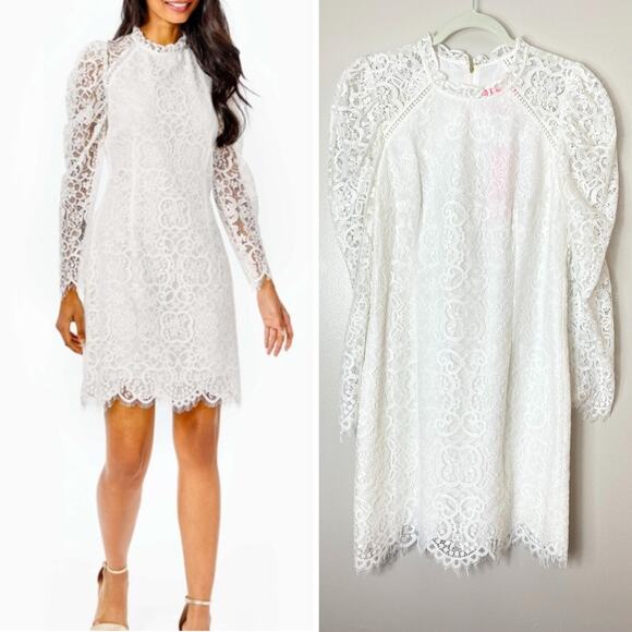 NWT LILLY PULITZER DRESS 8 AVERI WHITE LACE SHEER LONG SLEEVE BRIDAL BOHO CHIC - Picture 1 of 15